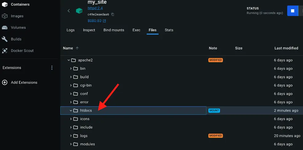 A screenshot of Docker dashboard showing the deleted files inside the a container